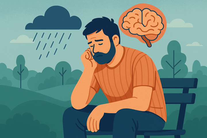 A man sitting on a park bench thinking. It is raining.